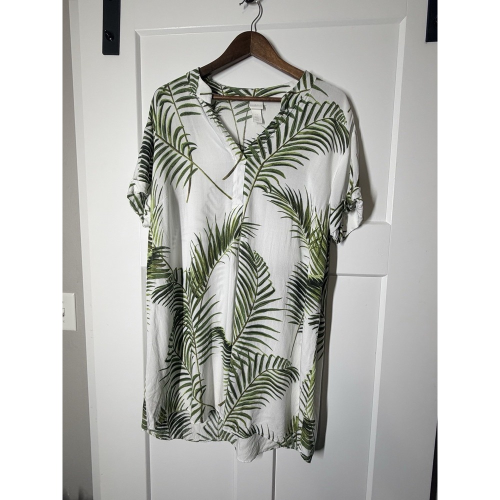 H&M Palm Leaf Blouse Womens US 10 White Green Tropical 100% Viscose Resort